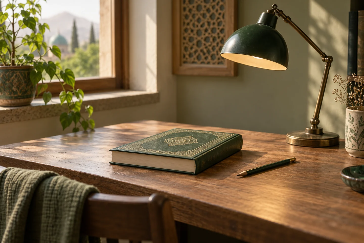 میز مطالعهٔ ساده با کتاب و چراغ
