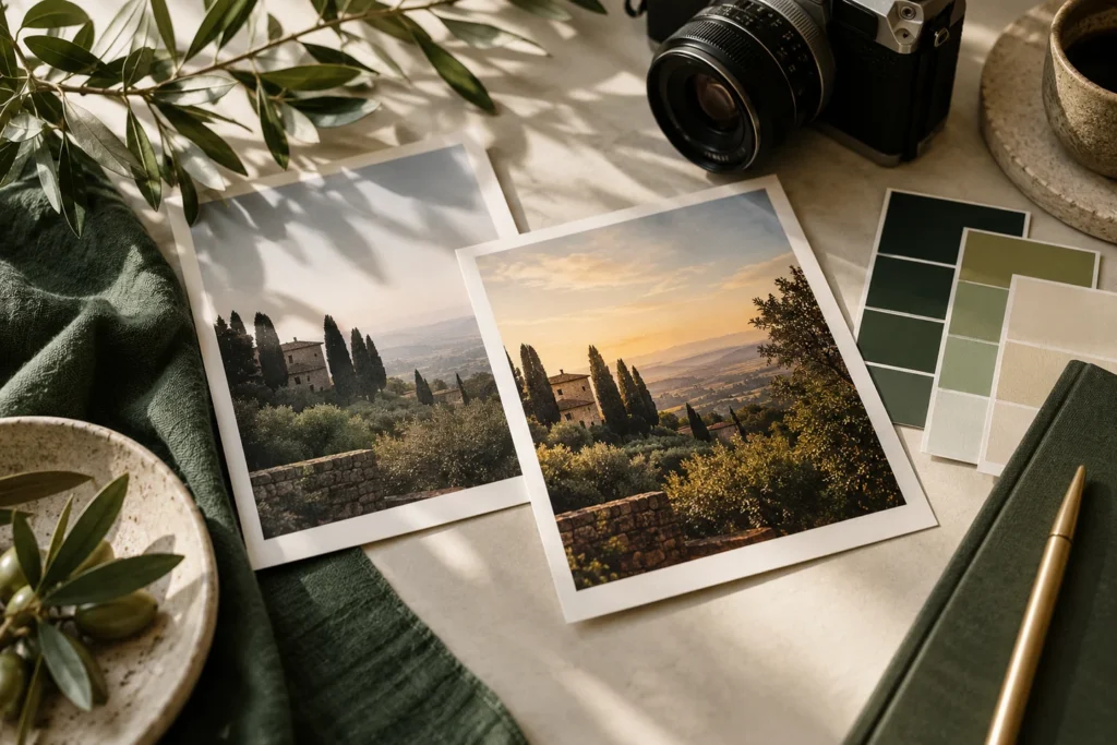 چاپ عکس‌ها و نمونه‌رنگ‌ها روی میز