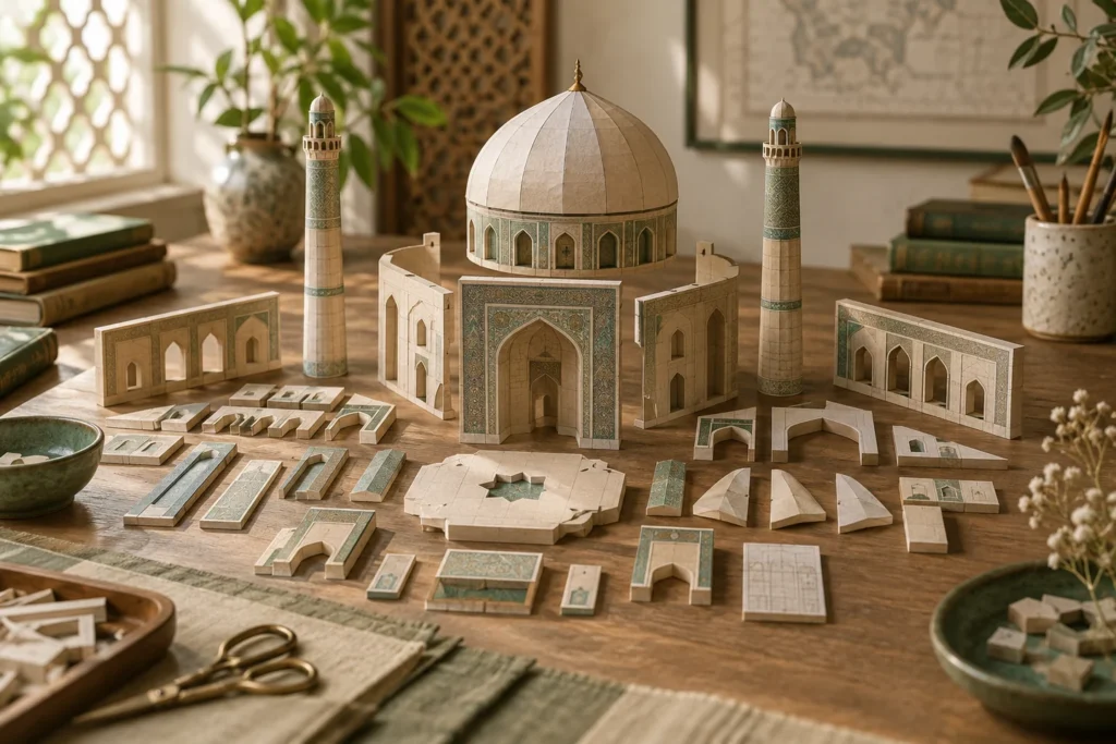اجزای جداشدهٔ مدل کاغذی یک ساختمان