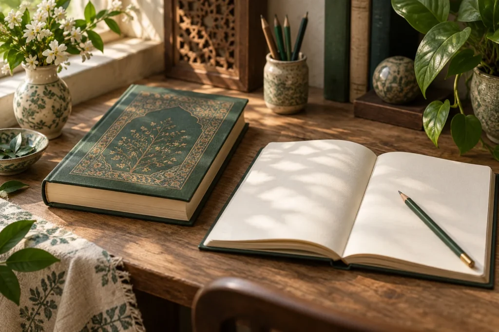 کتاب بسته کنار دفتر و مداد